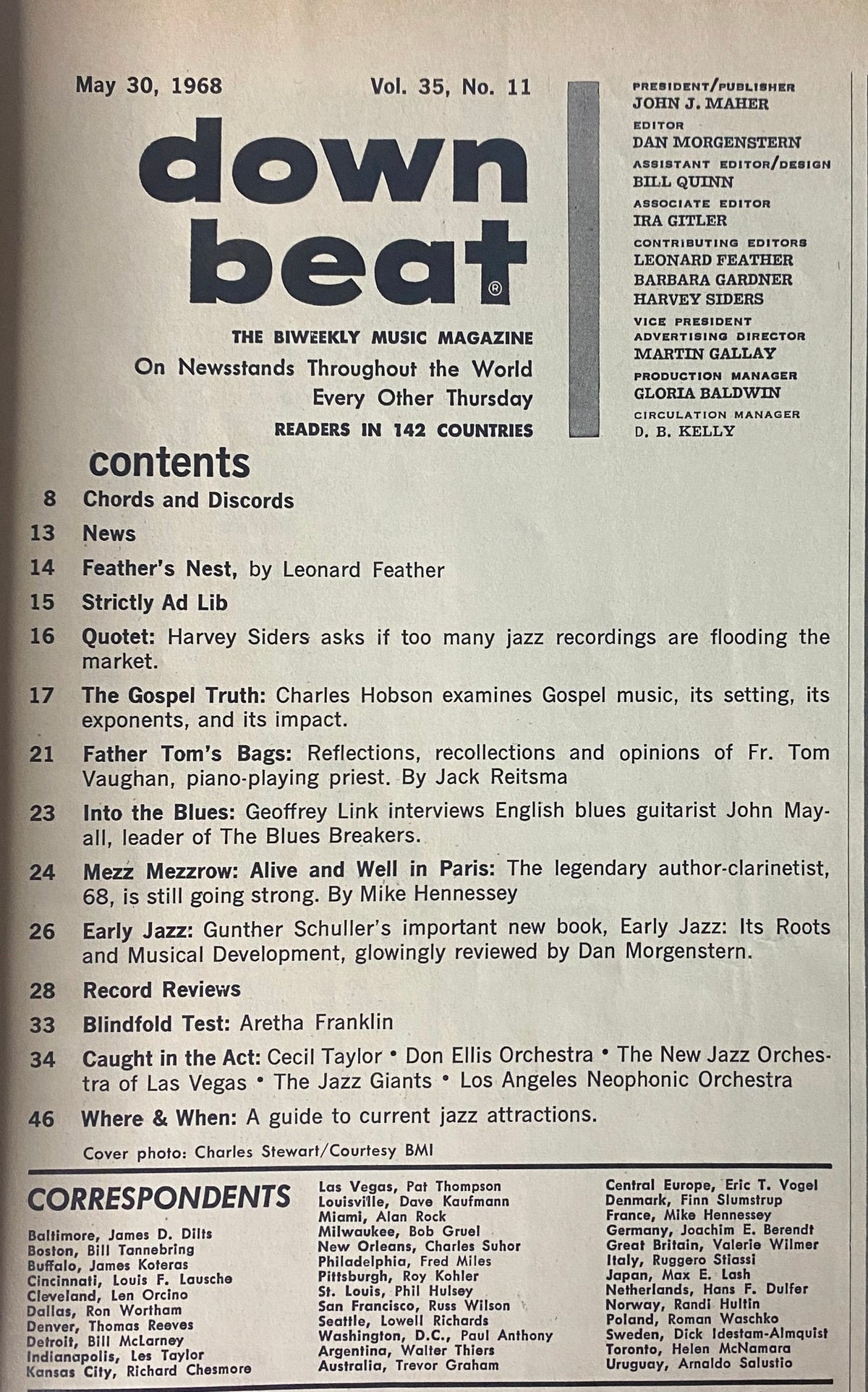 Down Beat Magazine May 30, 1968 cover featuring the table of contents, highlighting articles on jazz history including Gunther Schuller's analysis, John Mayall, and gospel music's influence.