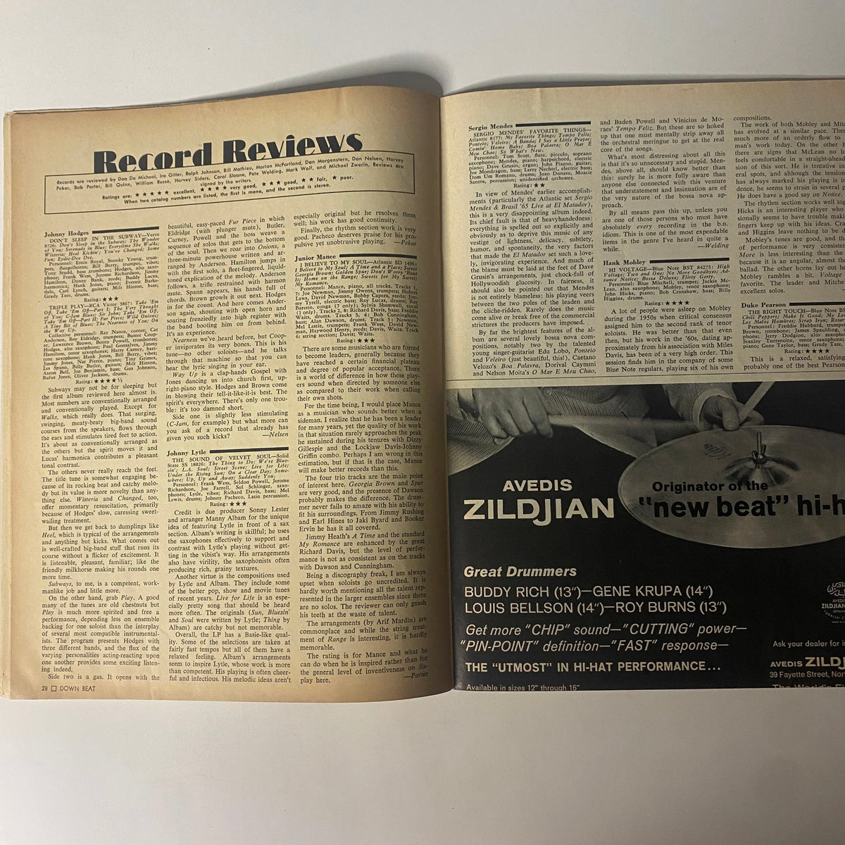 Inside pages of Down Beat Magazine May 30, 1968 showcasing record reviews, encapsulating music insights and critiques relevant to the jazz genre.