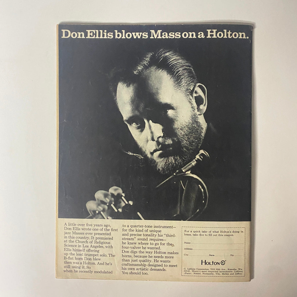 Back cover of Down Beat Magazine May 30, 1968 featuring an advertisement for Don Ellis promoting his Holton horns, highlighting his innovative approach to music.