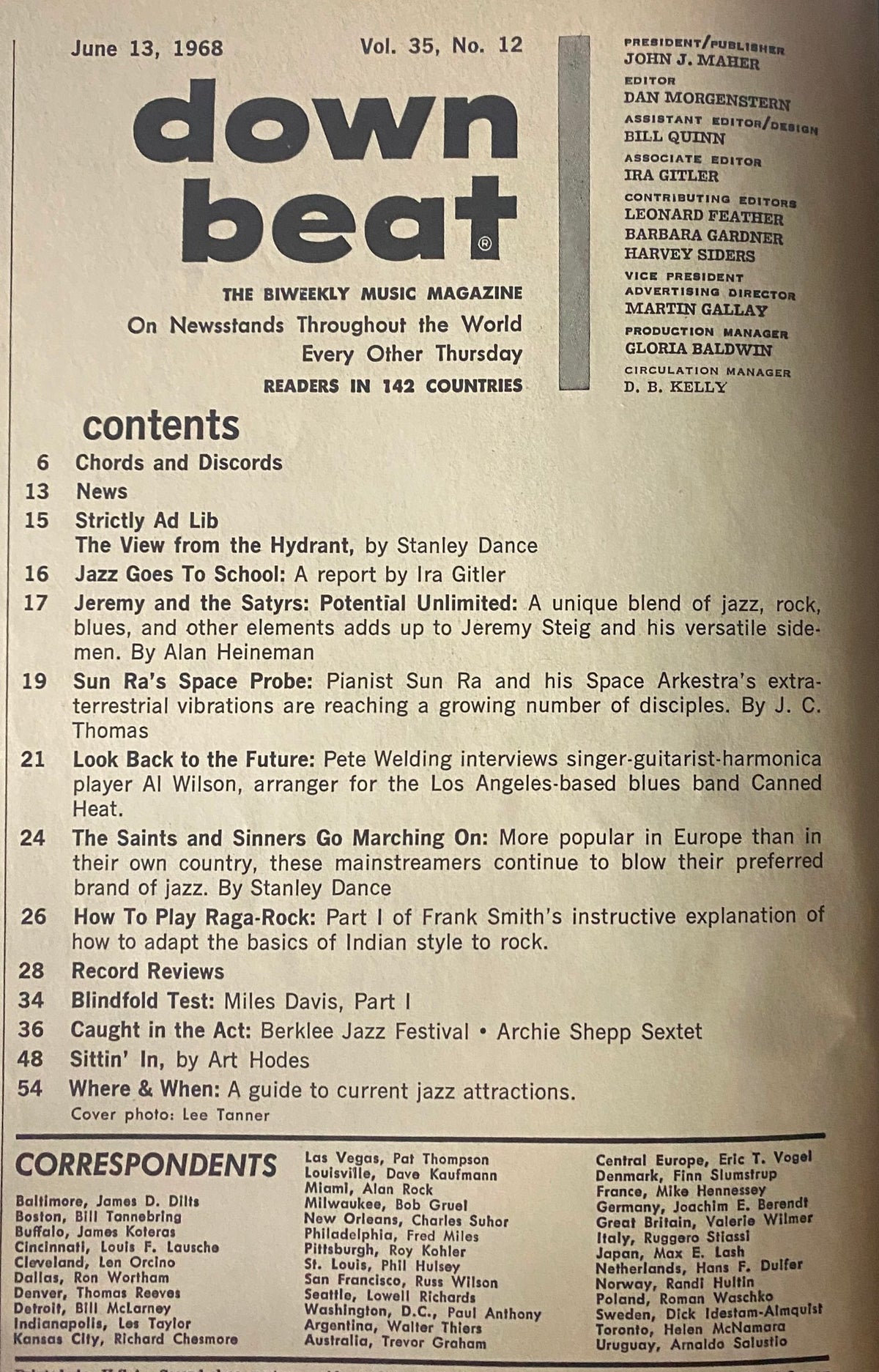Table of contents from Down Beat Magazine June 13, 1968, detailing features on Jeremy Steig, Sun Ra, and Canned Heat within the context of music history.
