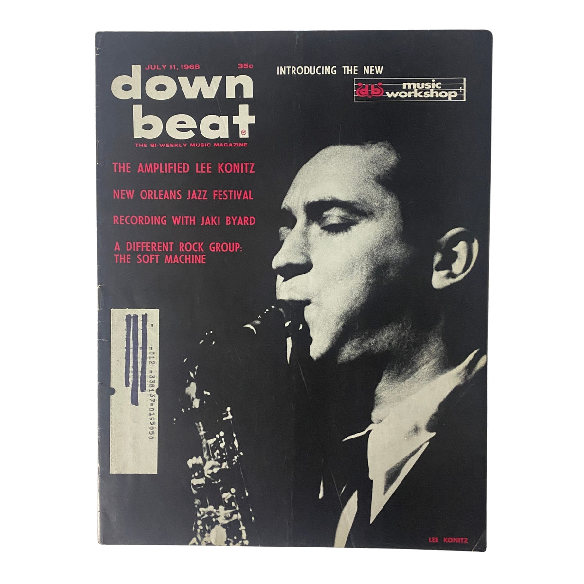 Cover of Down Beat Magazine from July 11, 1968, featuring Lee Konitz, titled 'The Amplified Lee Konitz', highlighting jazz history and events such as the New Orleans Jazz Festival.