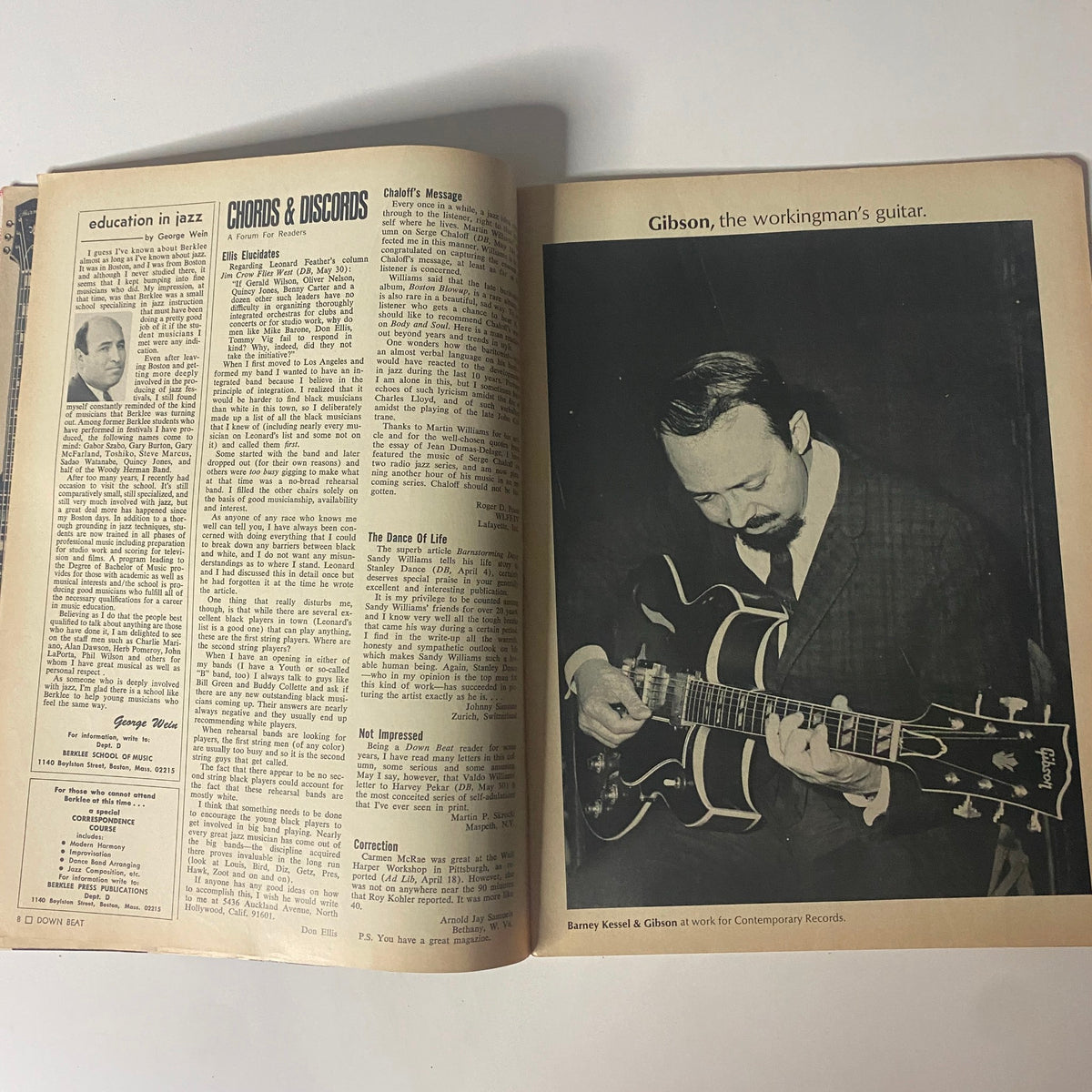 Inside view of Down Beat Magazine, showcasing an article section called 'Chords & Discords' along with a photograph of Barney Kessel playing guitar, from the July 11, 1968 issue.