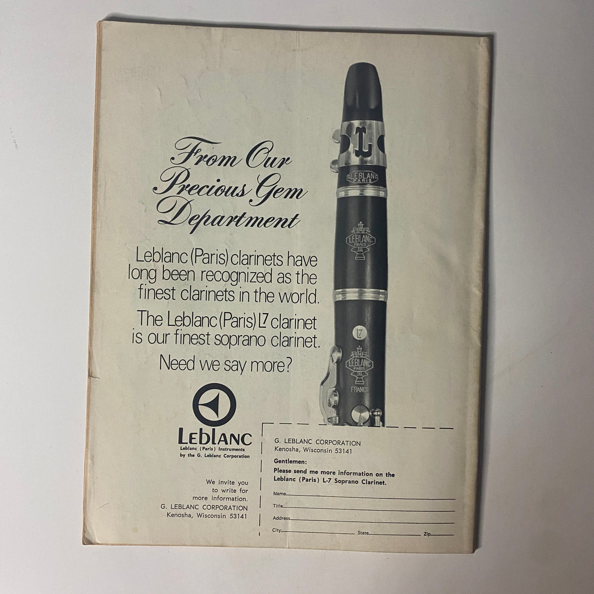 Back cover of Down Beat Magazine, July 11, 1968, featuring an advertisement for Leblanc clarinets, emphasizing their quality and reputation in the music industry.