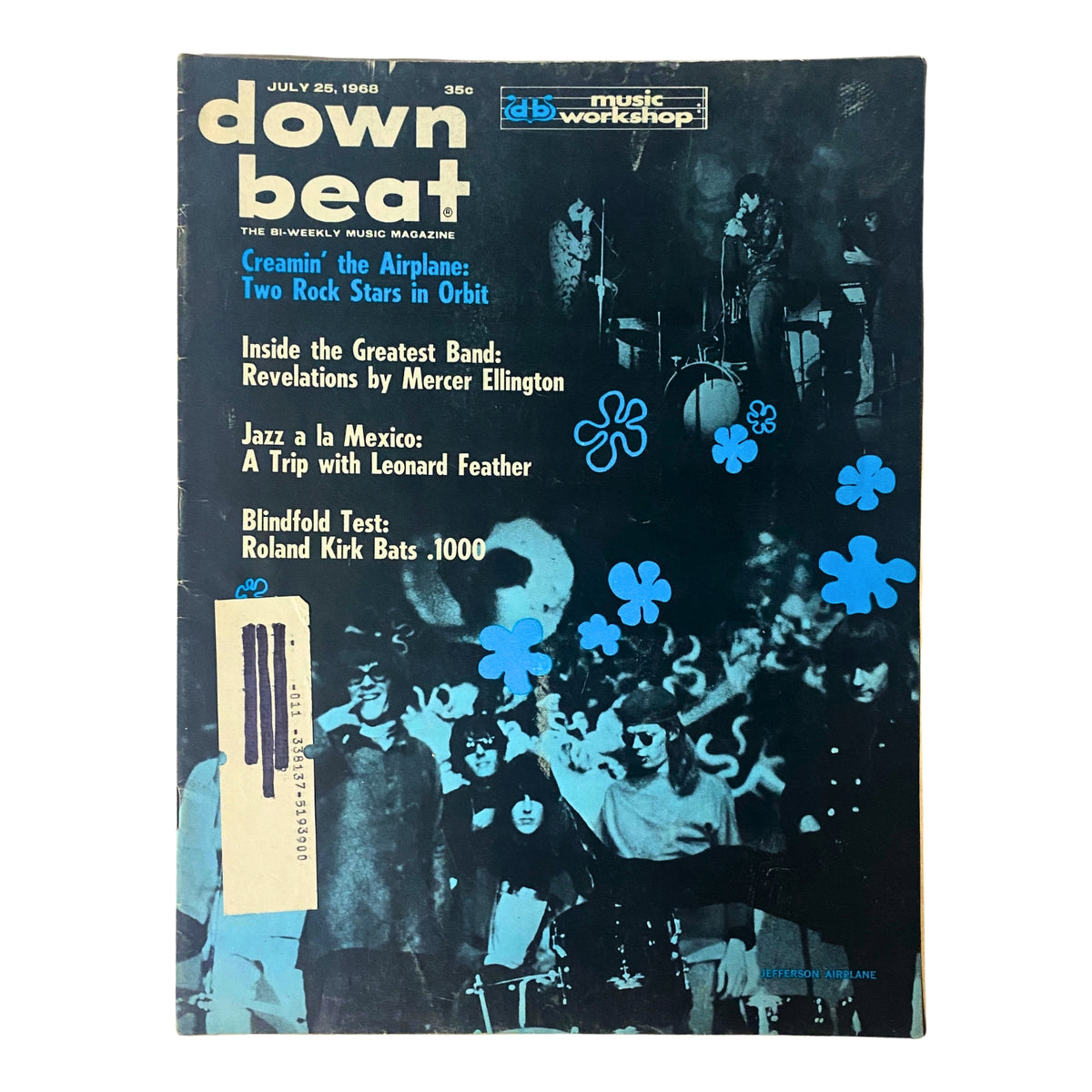 Cover of Down Beat Magazine July 25, 1968 featuring Jefferson Airplane, showcasing the iconic band as two rock stars in orbit, highlighting music culture and history.