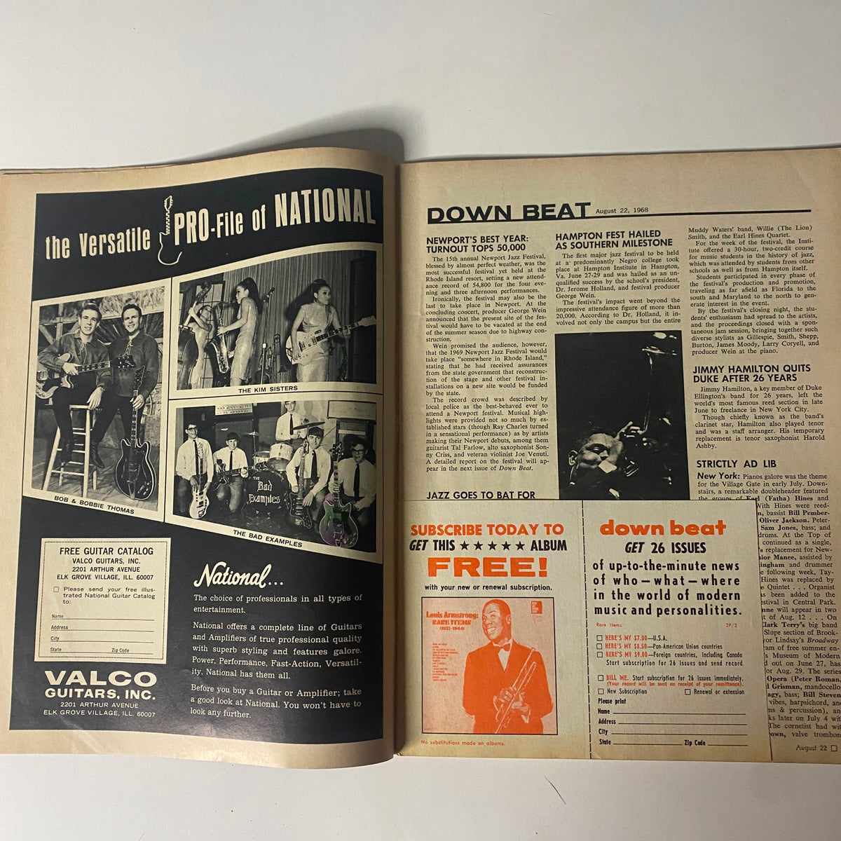Inside pages of Down Beat Magazine, August 22, 1968, showcasing ads and highlights from the jazz scene during that era.
