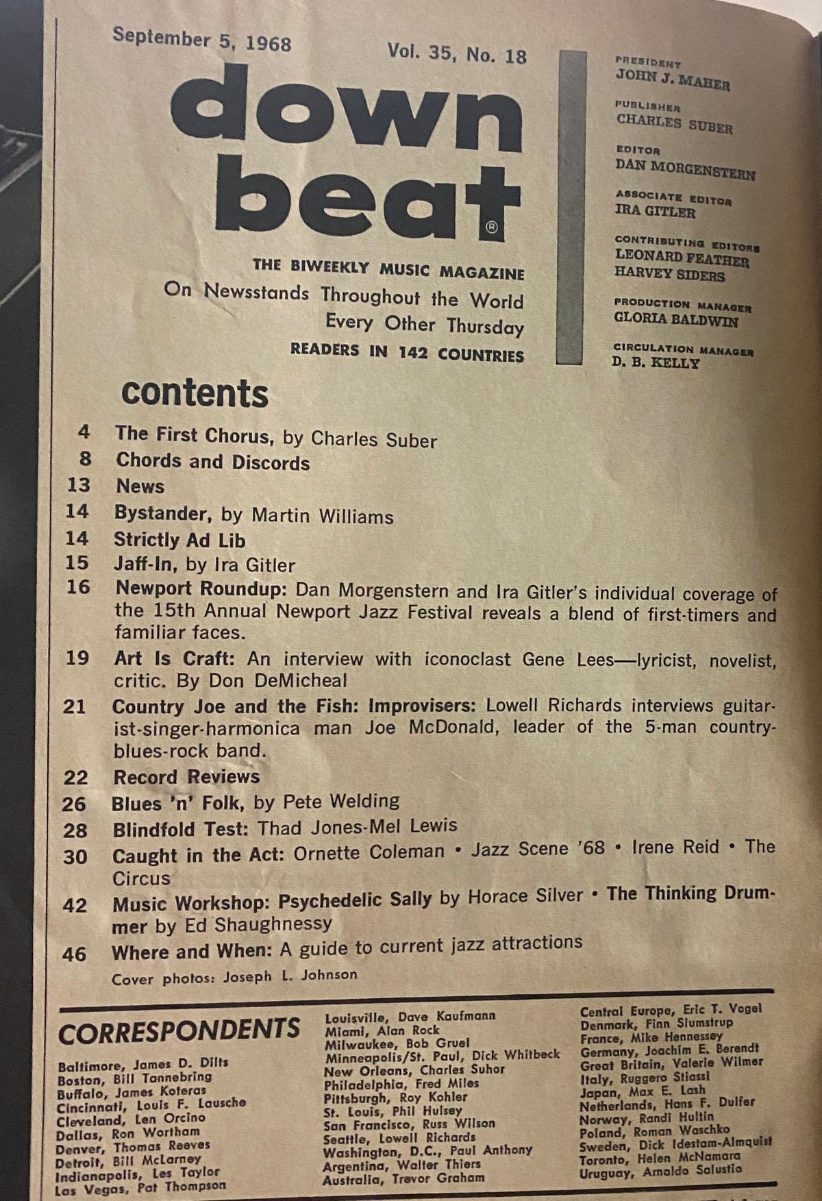 Contents page of Down Beat Magazine September 5, 1968, showcasing articles and features including coverage of the Newport Jazz Festival.