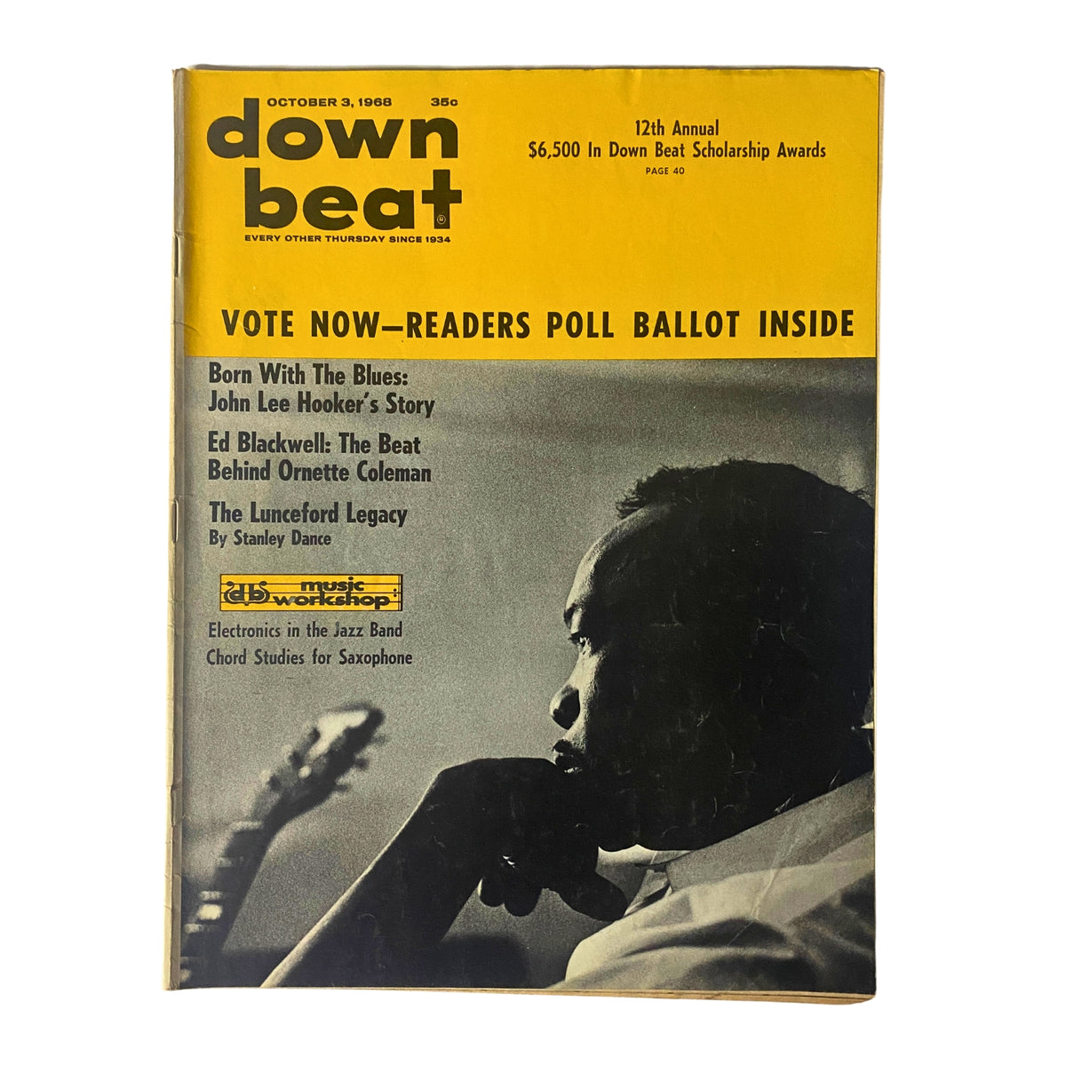 Cover of Down Beat Magazine dated October 3, 1968 featuring John Lee Hooker's story. The vibrant yellow cover highlights key articles including 'Born With The Blues: John Lee Hooker's Story'.