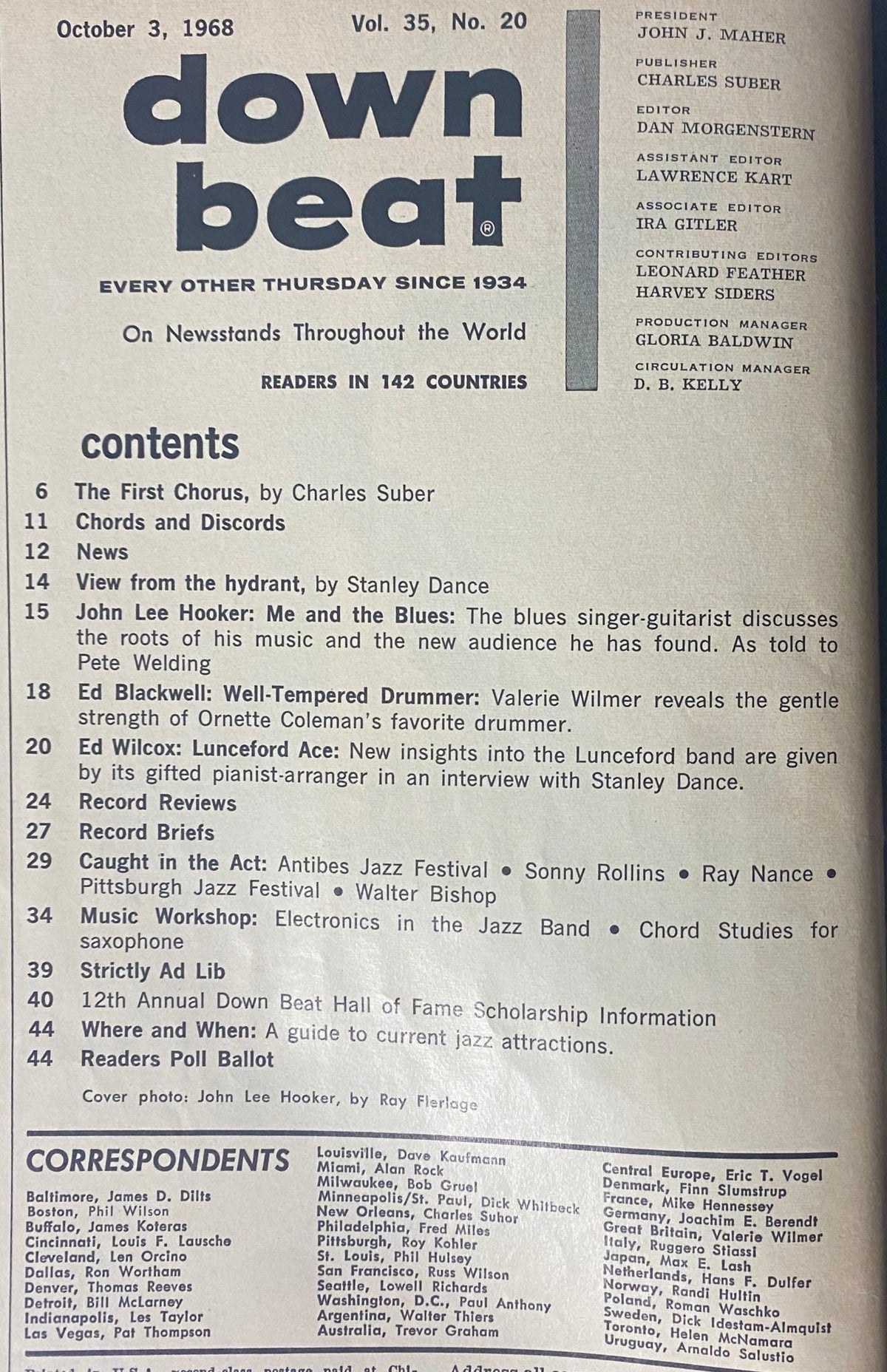 Contents page from Down Beat Magazine, October 3, 1968, detailing articles including John Lee Hooker's interview and other significant features on jazz and blues.