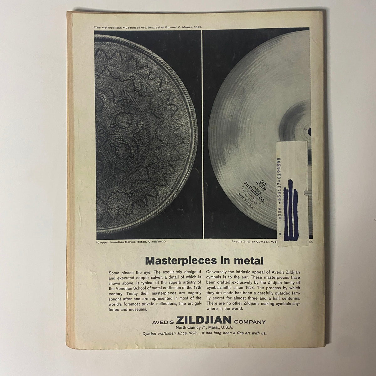 Back cover of Down Beat Magazine from October 3, 1968 showcasing an advertisement for Avedis Zildjian cymbals, highlighting their craftsmanship and quality.