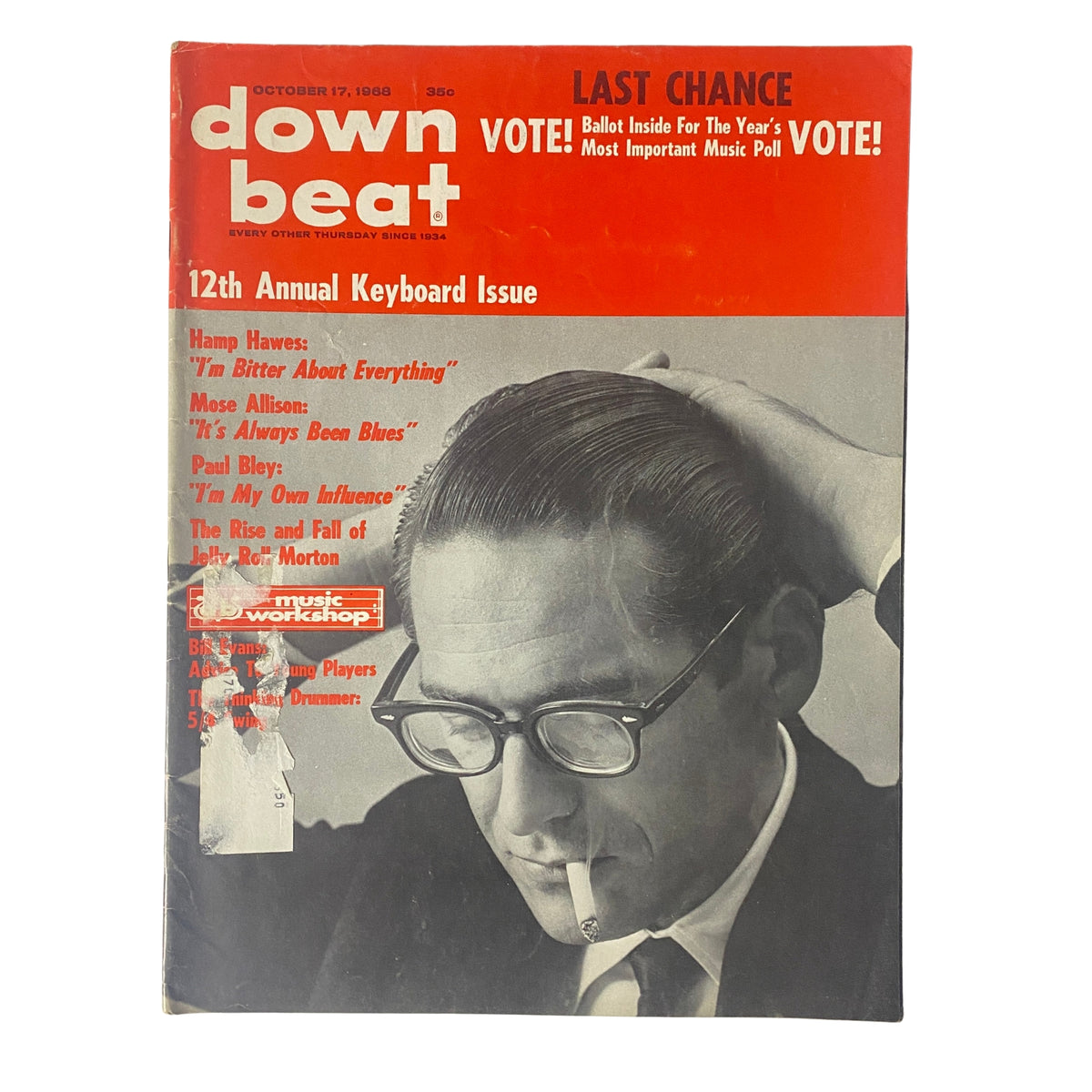 Cover of Down Beat Magazine October 17, 1968 featuring interviews with jazz musicians Hamp Hawes, Mose Allison, and Paul Bley, highlighting key articles and the 12th Annual Keyboard Issue.
