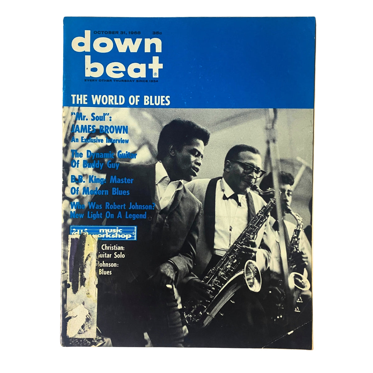 Cover of Down Beat Magazine, October 31, 1968, featuring James Brown, Buddy Guy, and B.B. King highlighting the world of blues music.