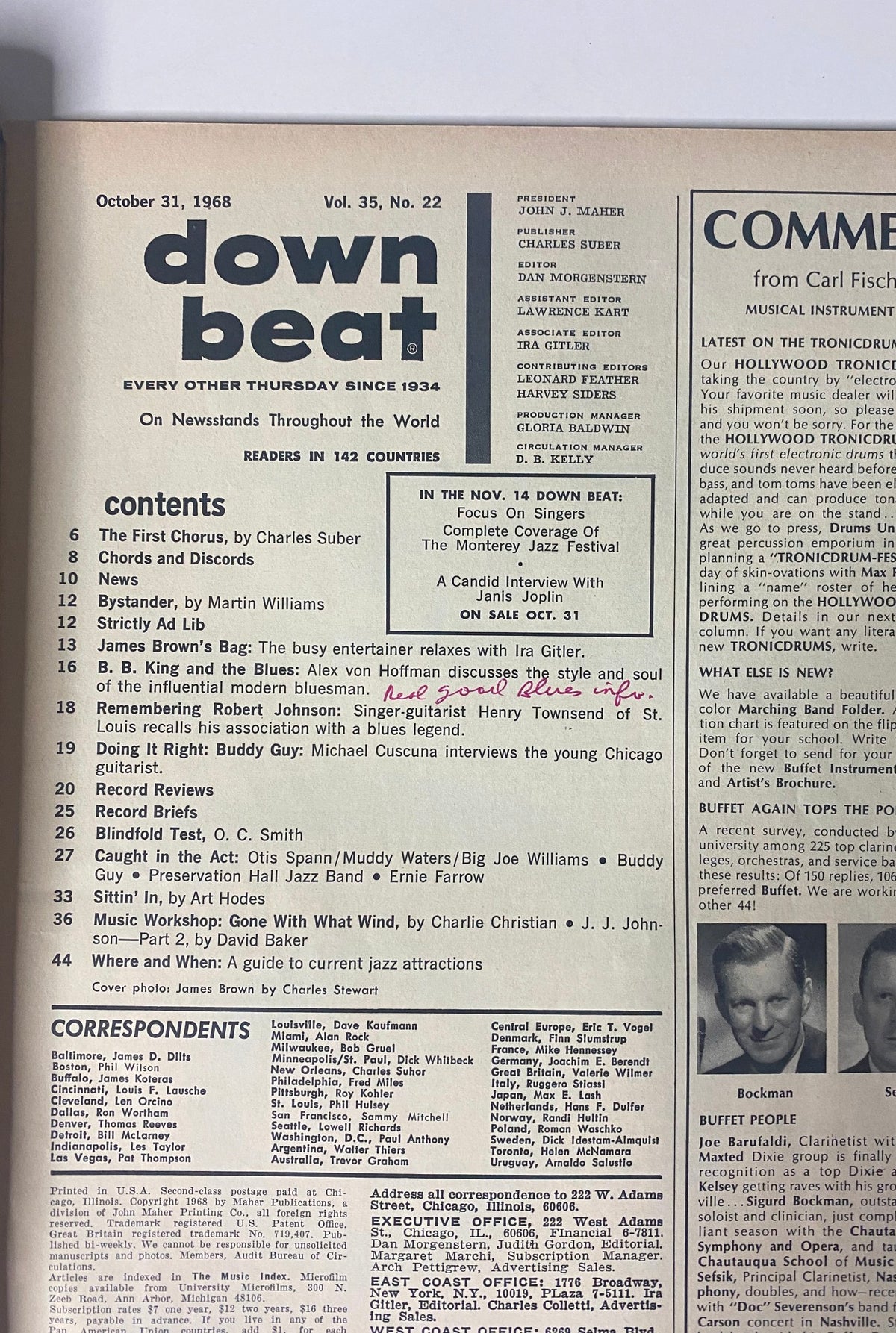 Down Beat Magazine October 31, 1968 cover featuring James Brown, Buddy Guy, and B.B. King, showcasing articles on jazz, blues, and soul music.
