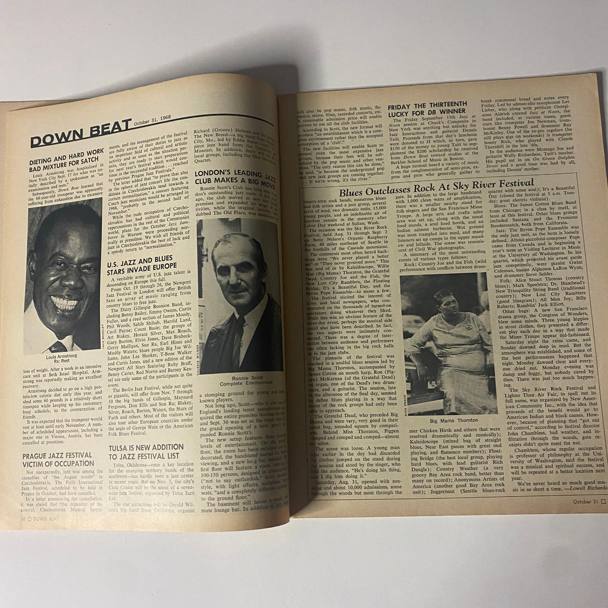 Inside page of Down Beat Magazine October 31, 1968, featuring notable figures in jazz and blues, including Louis Armstrong and Ronnie Scott.
