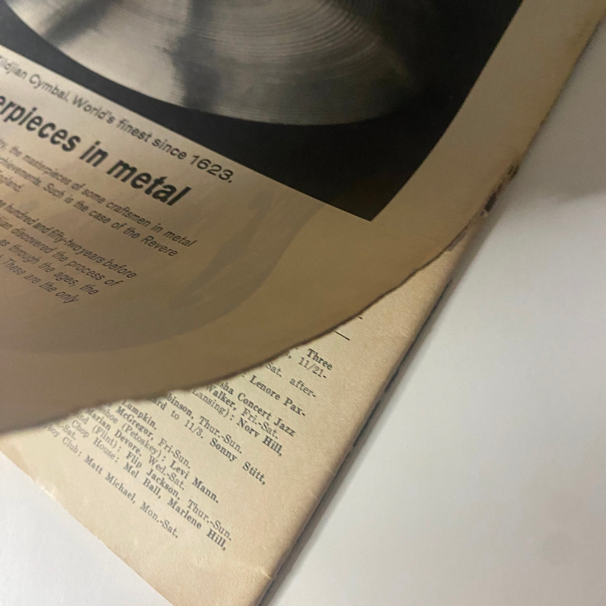 Close-up of the advertisement for Avedis Zildjian Cymbals in Down Beat Magazine November 14, 1968, focusing on the unique features and legacy of Zildjian craftsmanship.