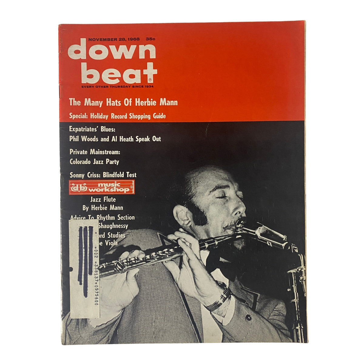 Cover of Down Beat Magazine November 28, 1968 featuring 'The Many Hats of Herbie Mann', showcasing notable articles and a holiday record shopping guide.
