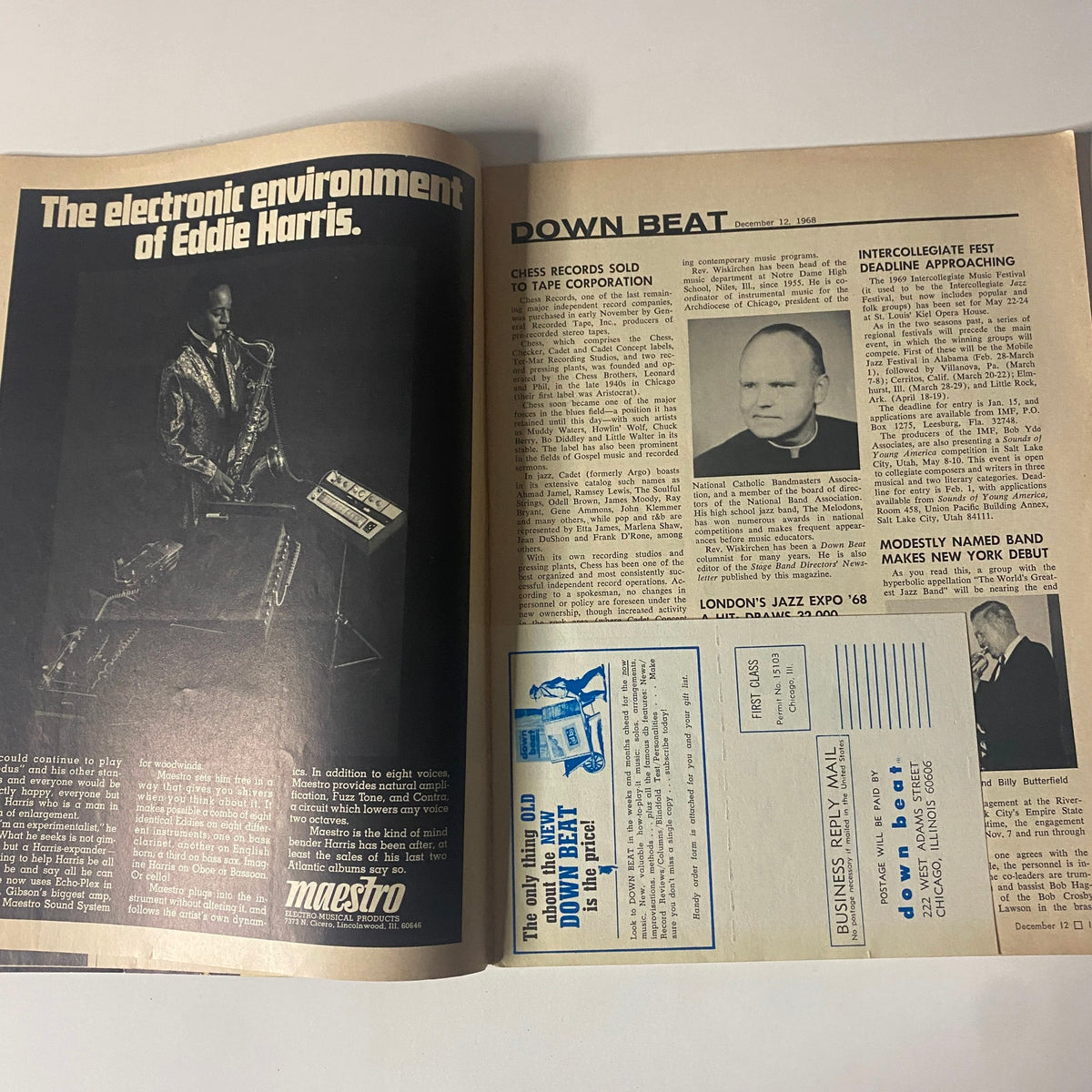 Inside page of Down Beat Magazine, December 12, 1968, featuring an article about Eddie Harris along with advertisements and music news.
