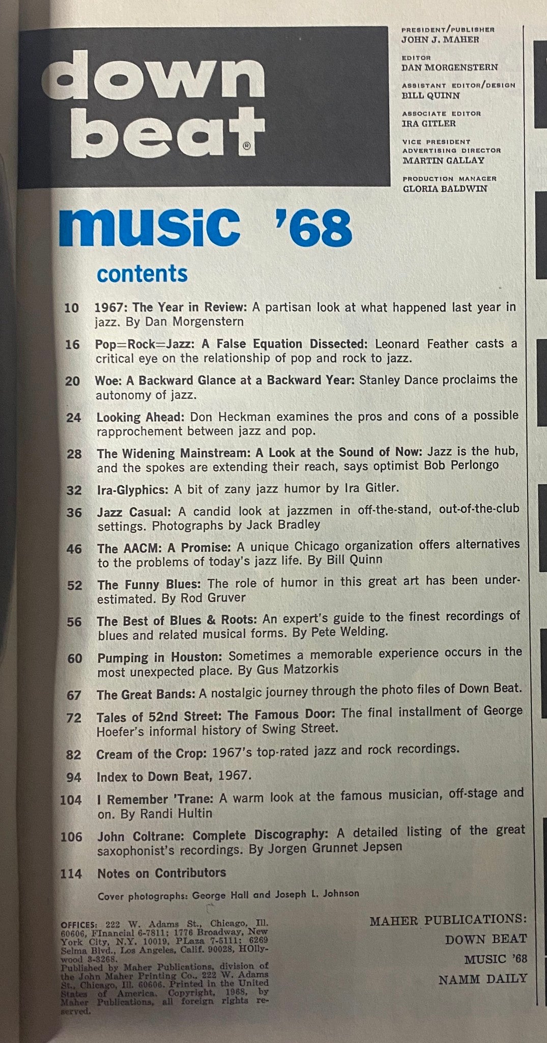 Table of contents from Down Beat Magazine 1968, highlighting articles and features about jazz and music history, including a focus on John Coltrane's discography.
