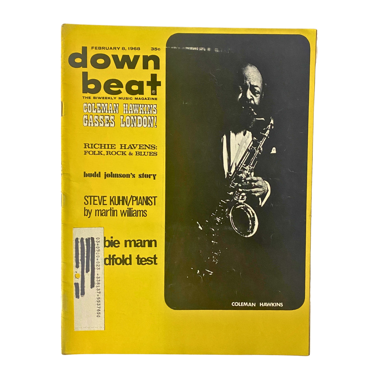 Down Beat Magazine February 8, 1968 featuring Coleman Hawkins on the cover, showcasing articles about jazz, including features on Richie Havens and Budd Johnson.