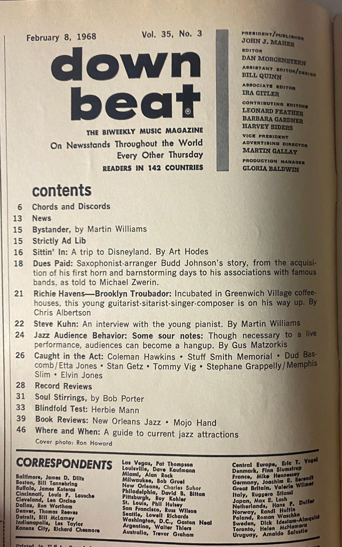 Down Beat Magazine cover dated February 8, 1968 featuring Coleman Hawkins, highlighting jazz content with a table of contents for articles, interviews, and reviews.