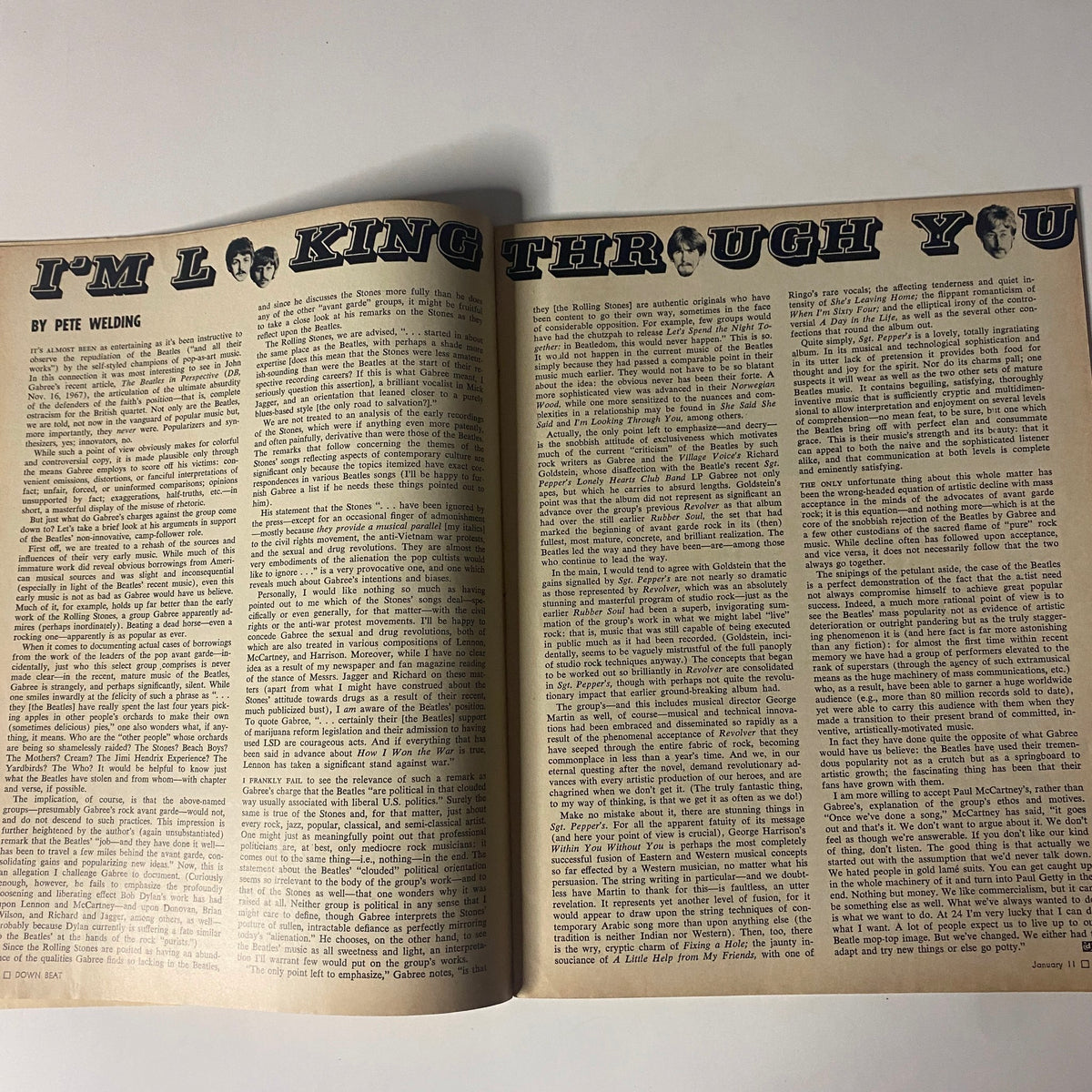 Feature article page from Down Beat Magazine January 11, 1968 titled 'I’m Looking Through You', discussing The Beatles and their influence on the music scene. Important piece for collectors.