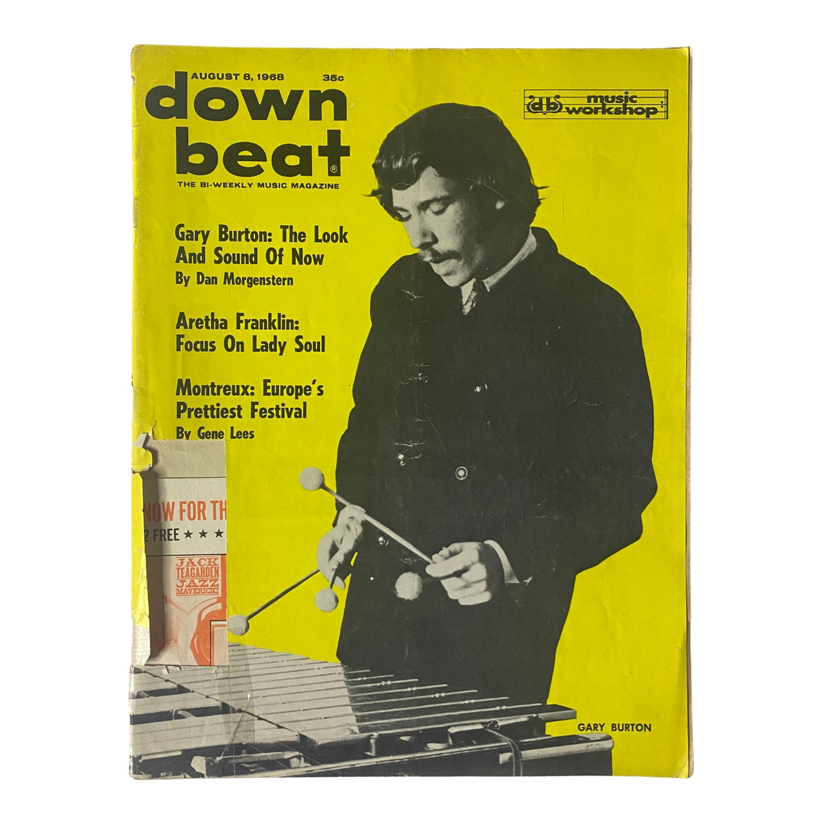 Down Beat Magazine August 8, 1968 featuring Gary Burton on the cover. The vibrant yellow cover highlights articles such as 'The Look And Sound Of Now' by Dan Morgenstern, and 'Focus On Lady Soul' about Aretha Franklin, alongside a feature on the Montreux Jazz Festival.
