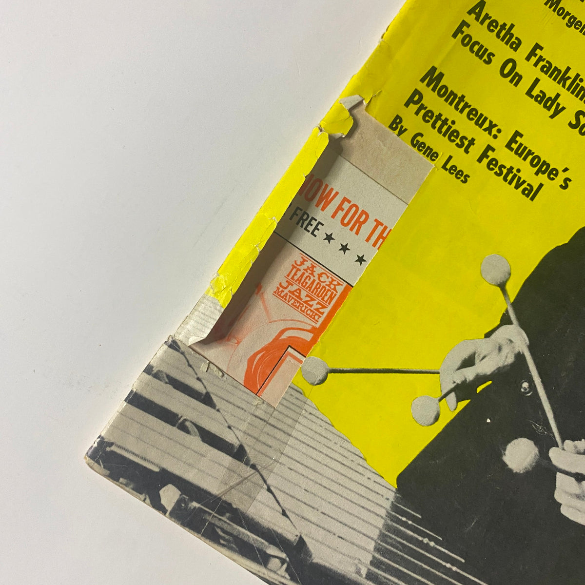 Cover detail of Down Beat Magazine, August 8, 1968 edition, featuring elements related to Aretha Franklin and Montreux Jazz Festival.