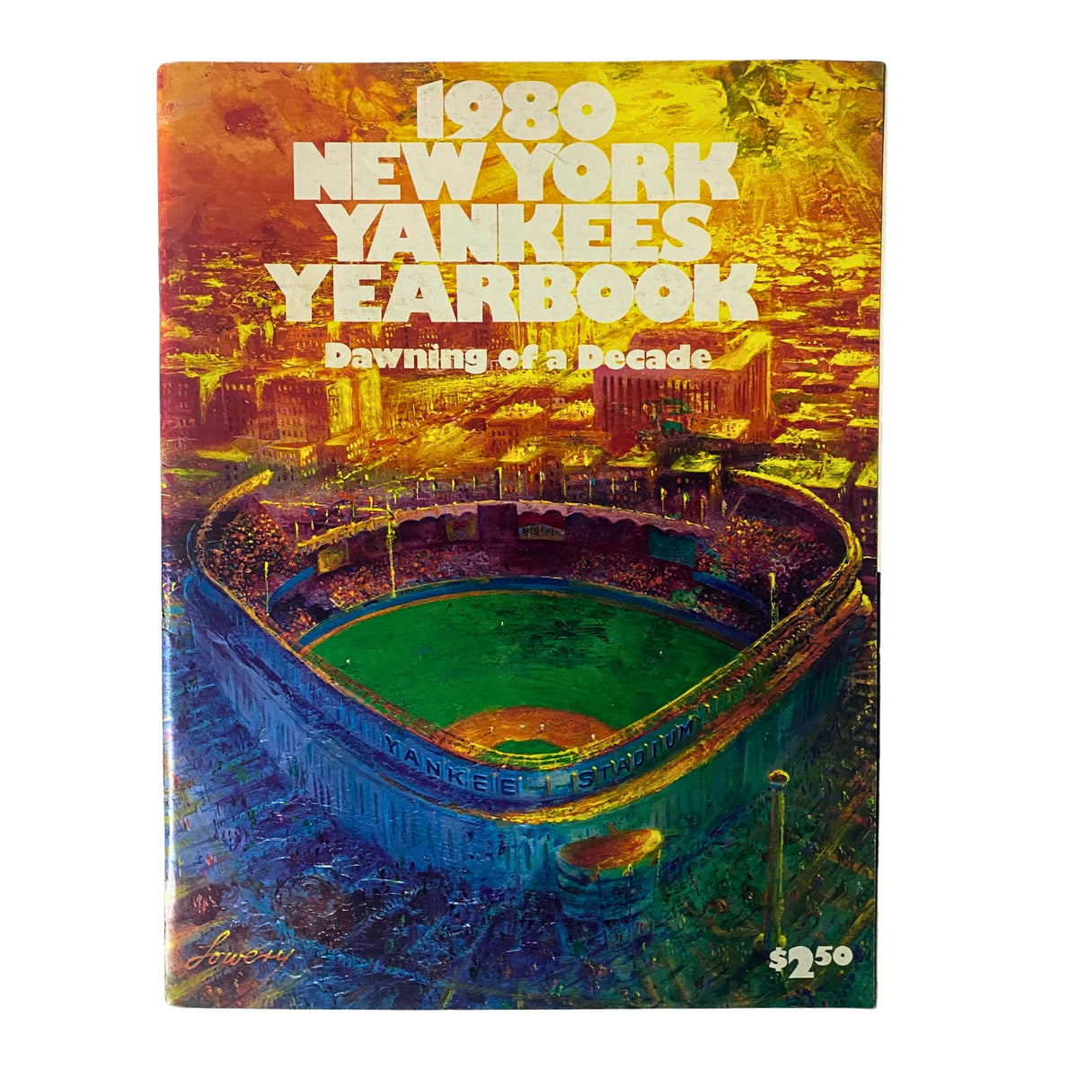 Cover of the 1980 New York Yankees Yearbook titled 'Dawning of a Decade', featuring an artistic depiction of Yankee Stadium.