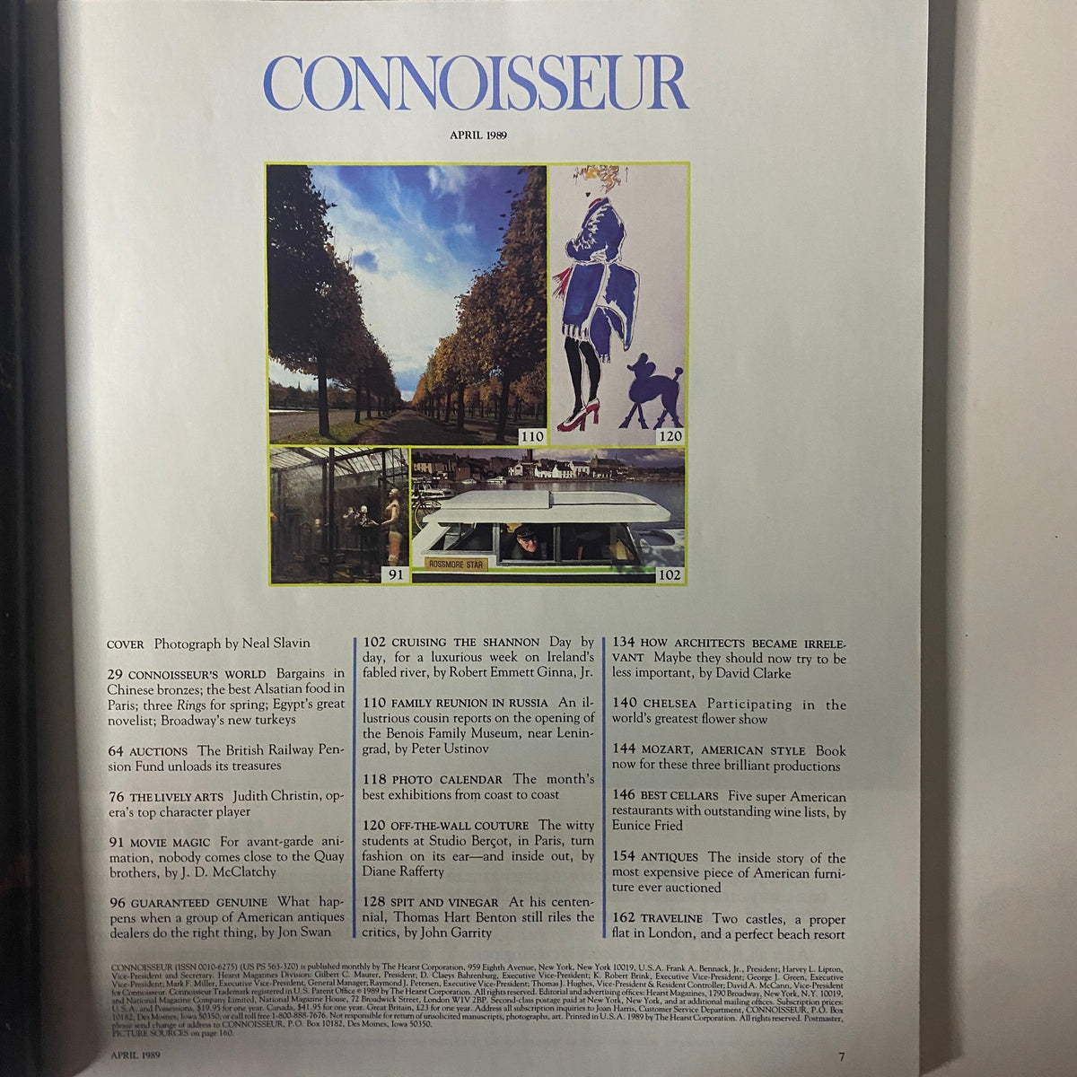 Contents page of Connoisseur Magazine April 1989, showcasing articles including 'Cruising the Shannon' and 'Family Reunion in Russia', reflecting the magazine's focus on art, travel, and culture.