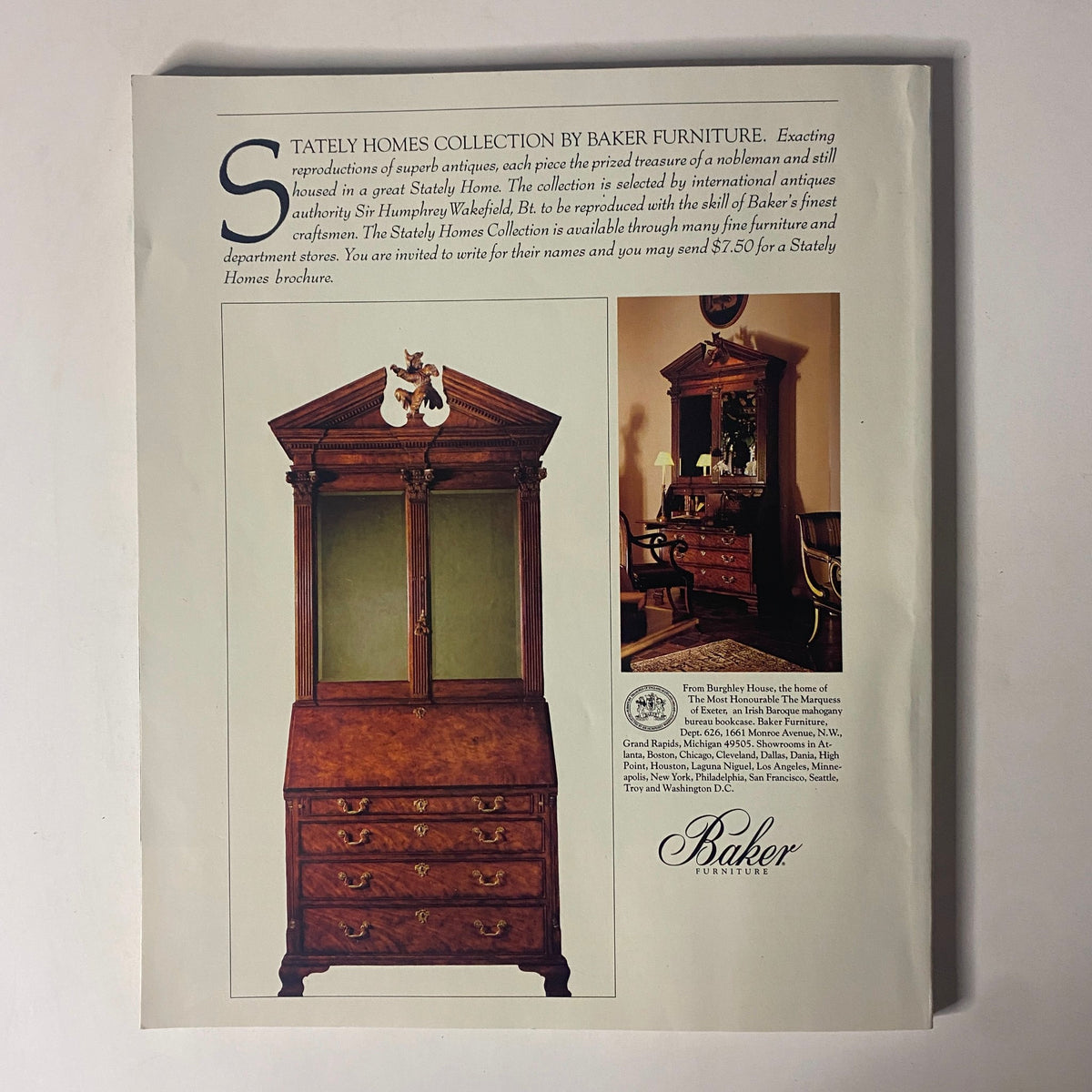 Connoisseur Magazine April 1989 showcasing an advertisement for Baker Furniture, featuring a detailed image of a stately antique piece, emphasizing craftsmanship and elegance in furniture design.
