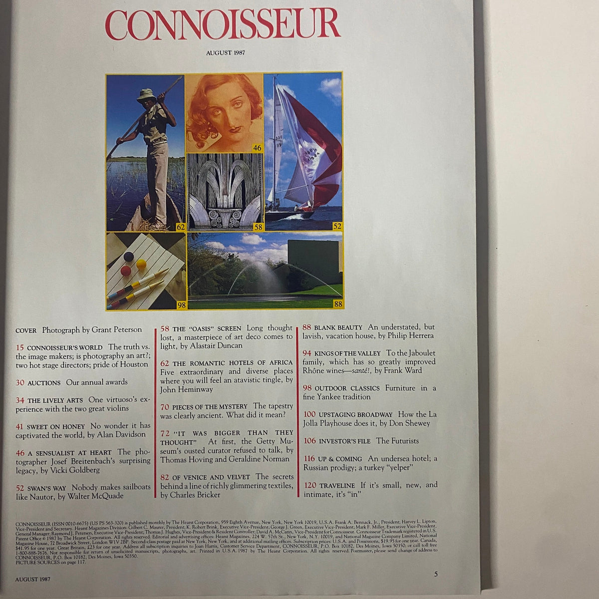 Table of contents page from Connoisseur Magazine August 1987, highlighting featured articles including 'The Romantic Hotels of Africa' and 'Pieces of the Mystery'.