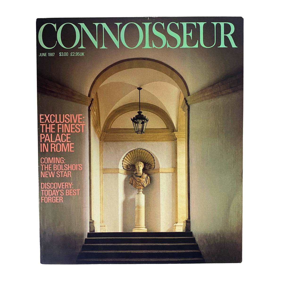 Cover of Connoisseur Magazine June 1987 featuring the title 'Connoisseur' with an exclusive highlight on 'The Finest Palace in Rome,' showcasing a stunning architectural photograph.
