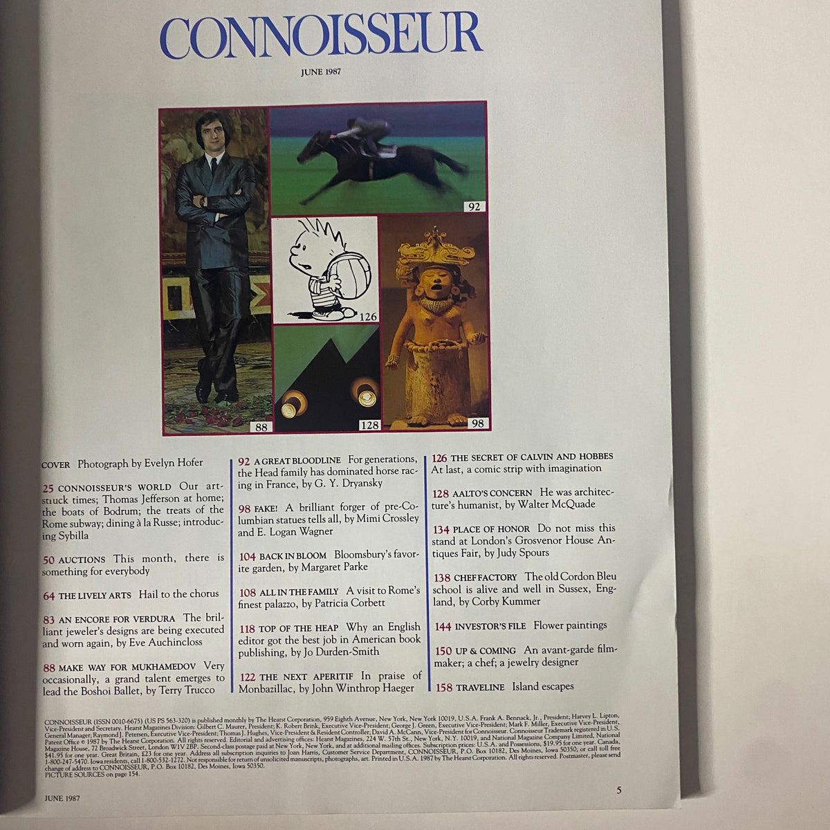 Inside page of Connoisseur Magazine June 1987 displaying various articles with titles and images, reflecting the magazine's focus on art, culture, and luxury travel.