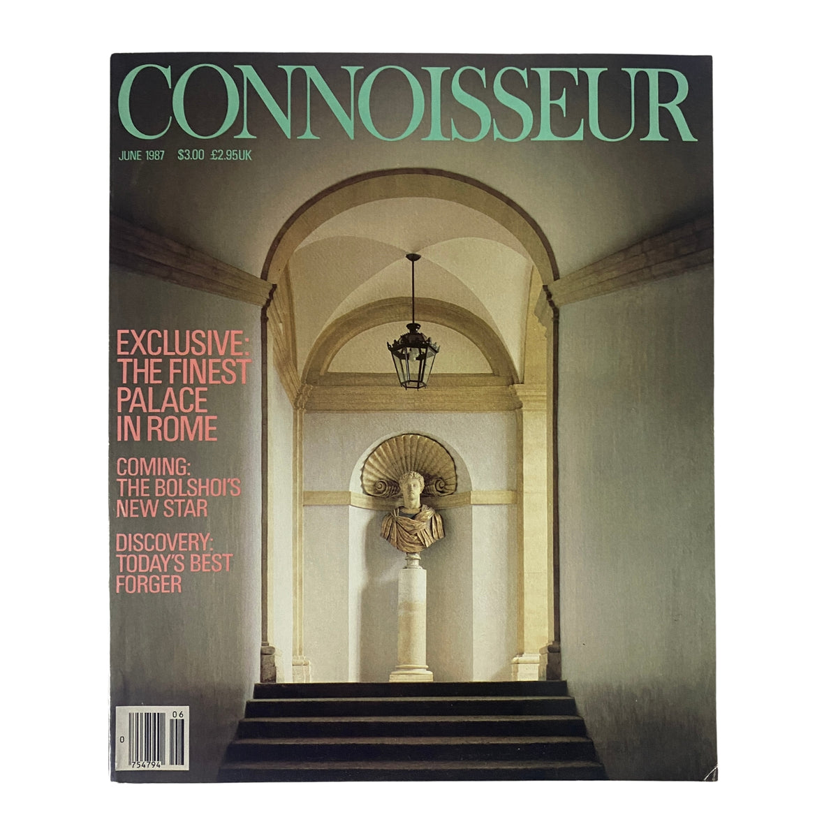 Connoisseur Magazine June 1987 cover featuring the title 'The Bolshoi's New Star' with an elegant architectural doorway and a statue, highlighting cultural themes.