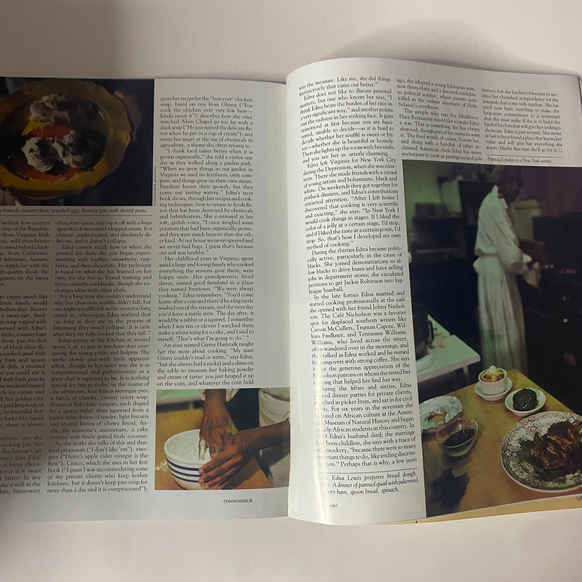 Spread from Connoisseur Magazine May 1987 highlighting an article related to cooking and cultural narratives with accompanying images.