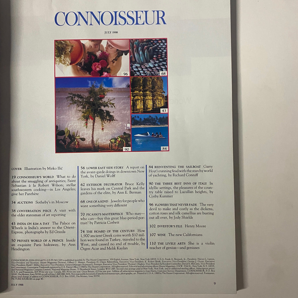 Contents page of Connoisseur Magazine July 1988, showcasing articles and illustrations featured in the issue.