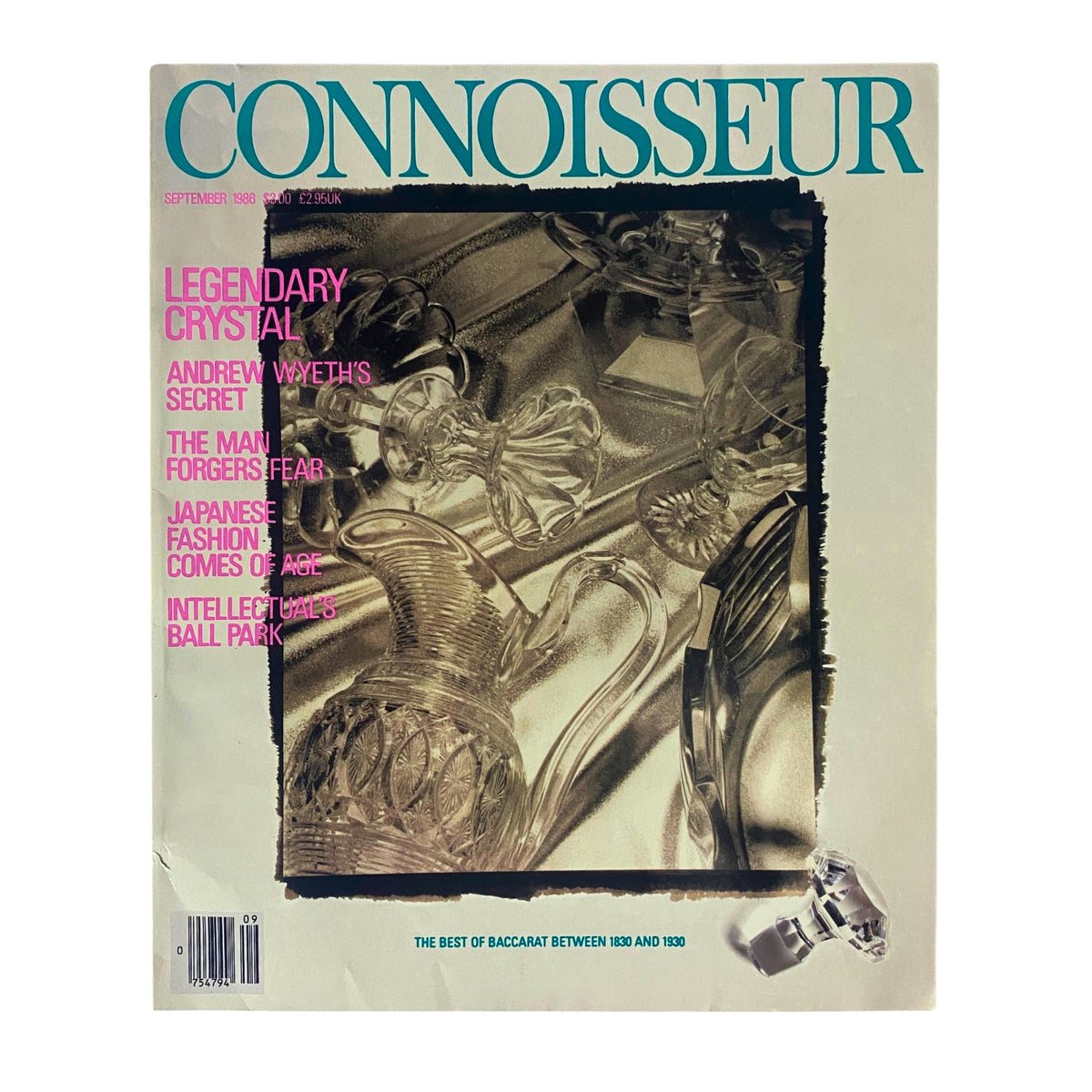 Cover of Connoisseur Magazine, September 1986, featuring Andrew Wyeth's Secret, articles on Legendary Crystal, The Man Forgers Fear, Japanese Fashion, and Intellectual's Ball Park.
