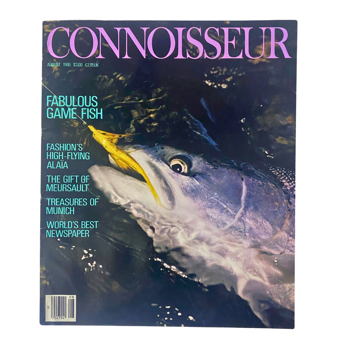 Cover of Connoisseur Magazine August 1986 featuring the cover story 'Fabulous Game Fish' showcasing a vibrant fish image with artful typography.