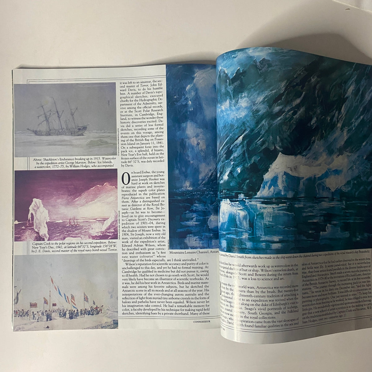 Interior pages of Connoisseur Magazine August 1986 featuring articles on exploration, fishing, and artwork, with vibrant illustrations and engaging text.