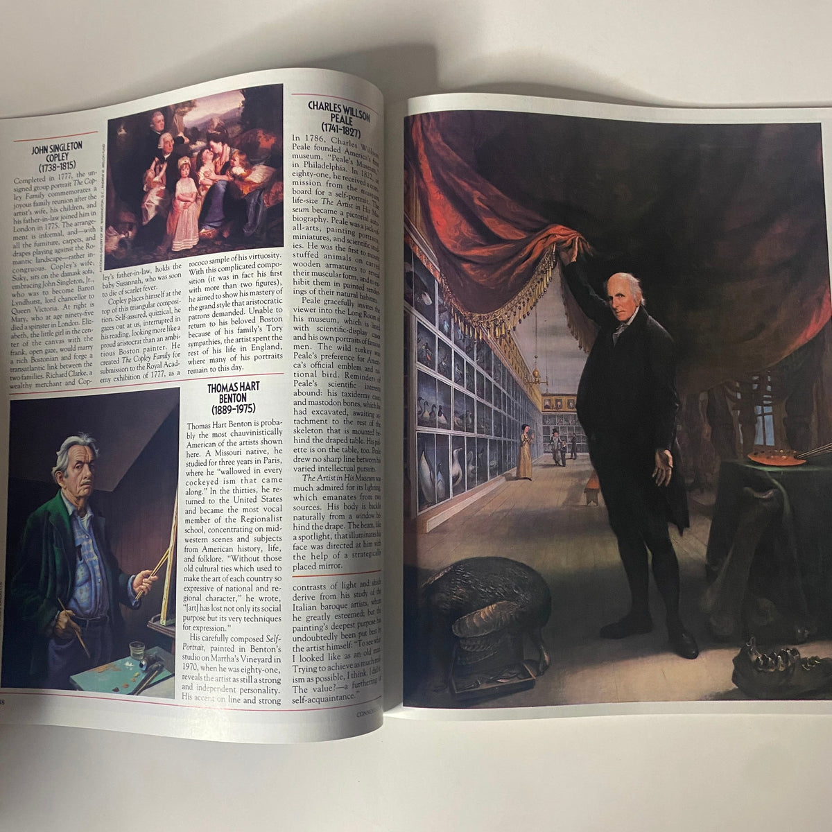 Interior pages of Connoisseur Magazine July 1986, displaying art history features including biographies of renowned artists like Charles Wilson Peale and Thomas Hart Benton with illustrations of their works.