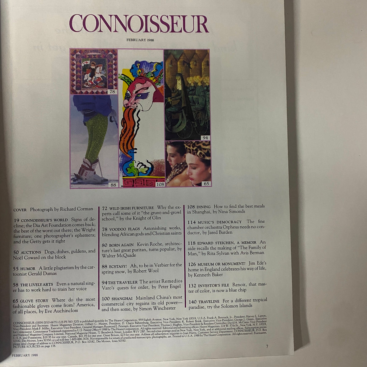 Contents page of Connoisseur Magazine February 1988 displaying featured articles including Wild Irish Furniture and Voodoo Flags, emphasizing the magazine's exploration of art and culture.