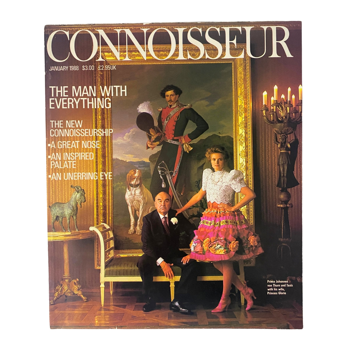 Cover of Connoisseur Magazine January 1988 featuring the headline 'The Man with Everything'. The cover displays a portrait of Prince Johannes Thurn und Taxis and Princess Gloria, surrounded by elegance, art, and luxury.