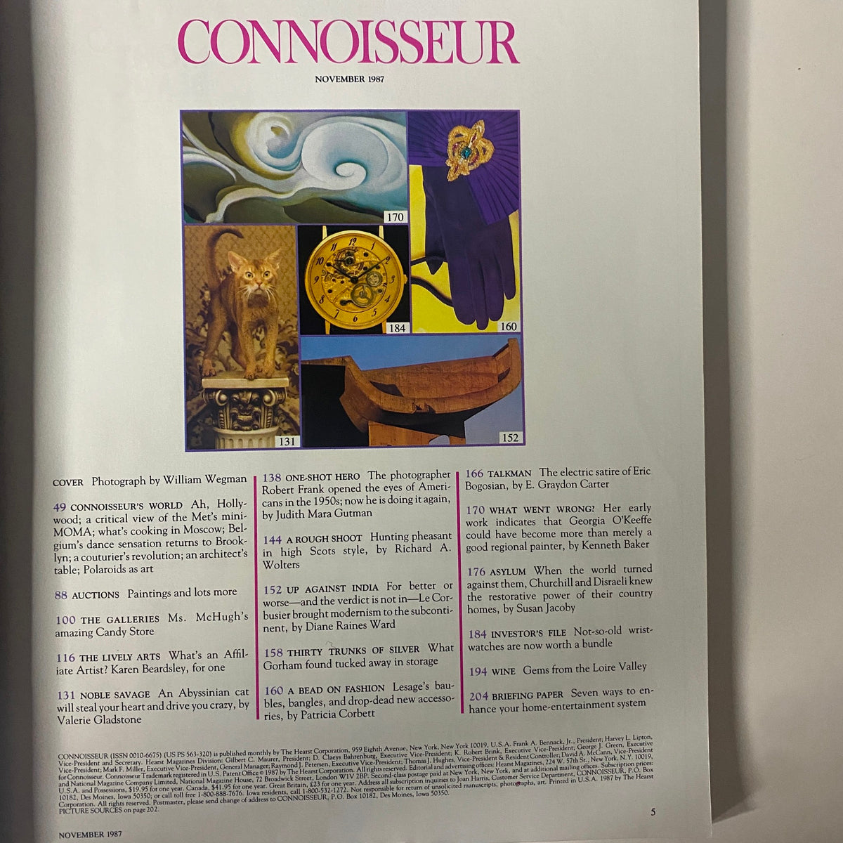 Connoisseur Magazine November 1987 interior page showcasing articles and photography related to art and culture, including a description of high design features.