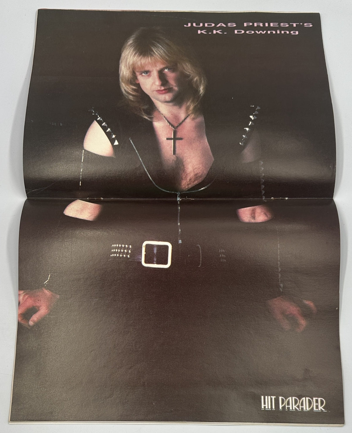 Centerfold of Hit Parader Magazine August 1984 showcasing Judas Priest's K.K. Downing, highlighting the iconic rock music era and features of the magazine.