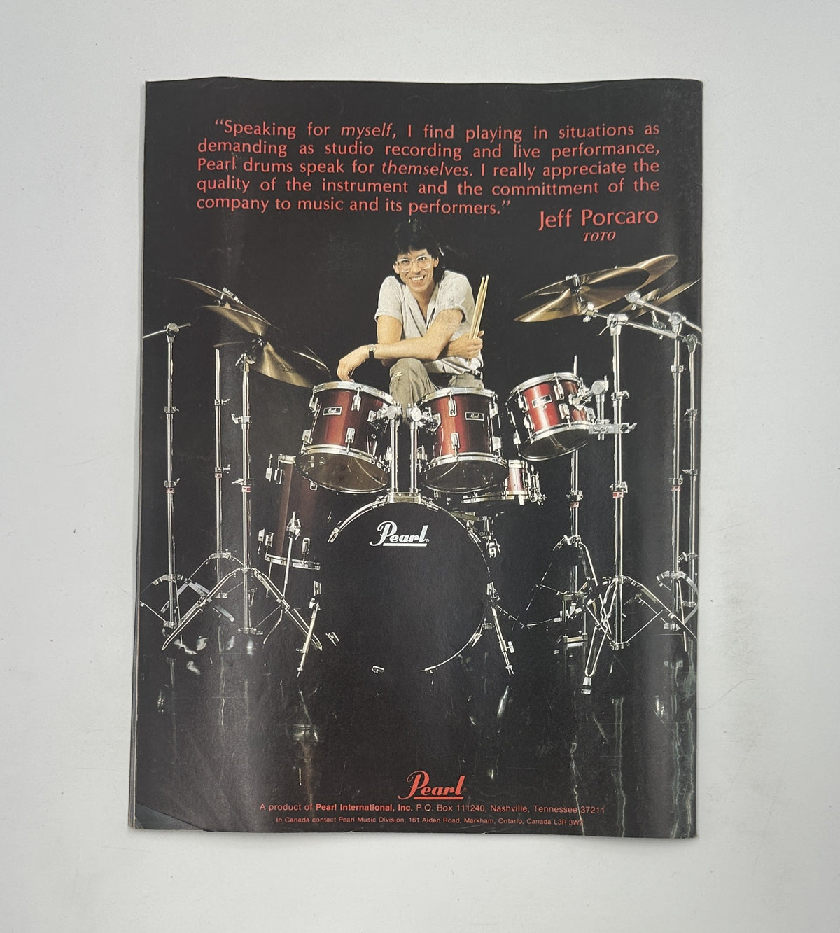 Creem Rock Shots Magazine June 1983 advertisement for Pearl drums featuring Jeff Porcaro from Toto, emphasizing quality in music performance.