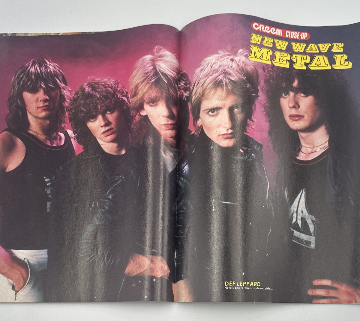 Creem Close-Up Magazine August 1983 featuring Def Leppard and New Wave Metal. The image showcases a band portrait with five members standing together, dressed in leather outfits against a pink backdrop.
