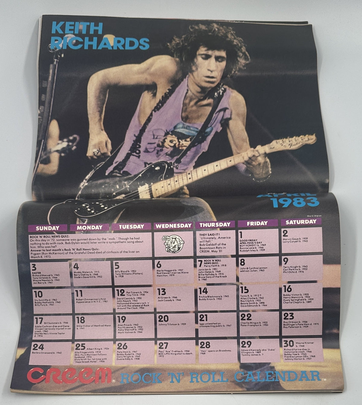 Keith Richards Rock 'n' Roll Calendar page from Creem Magazine April 1983, showcasing Keith Richards' performance.