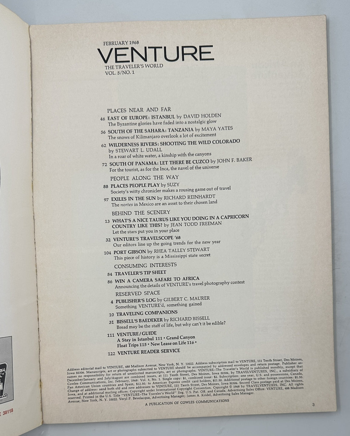 Venture Magazine February 1968 Travelscope Colorado River Tanzania