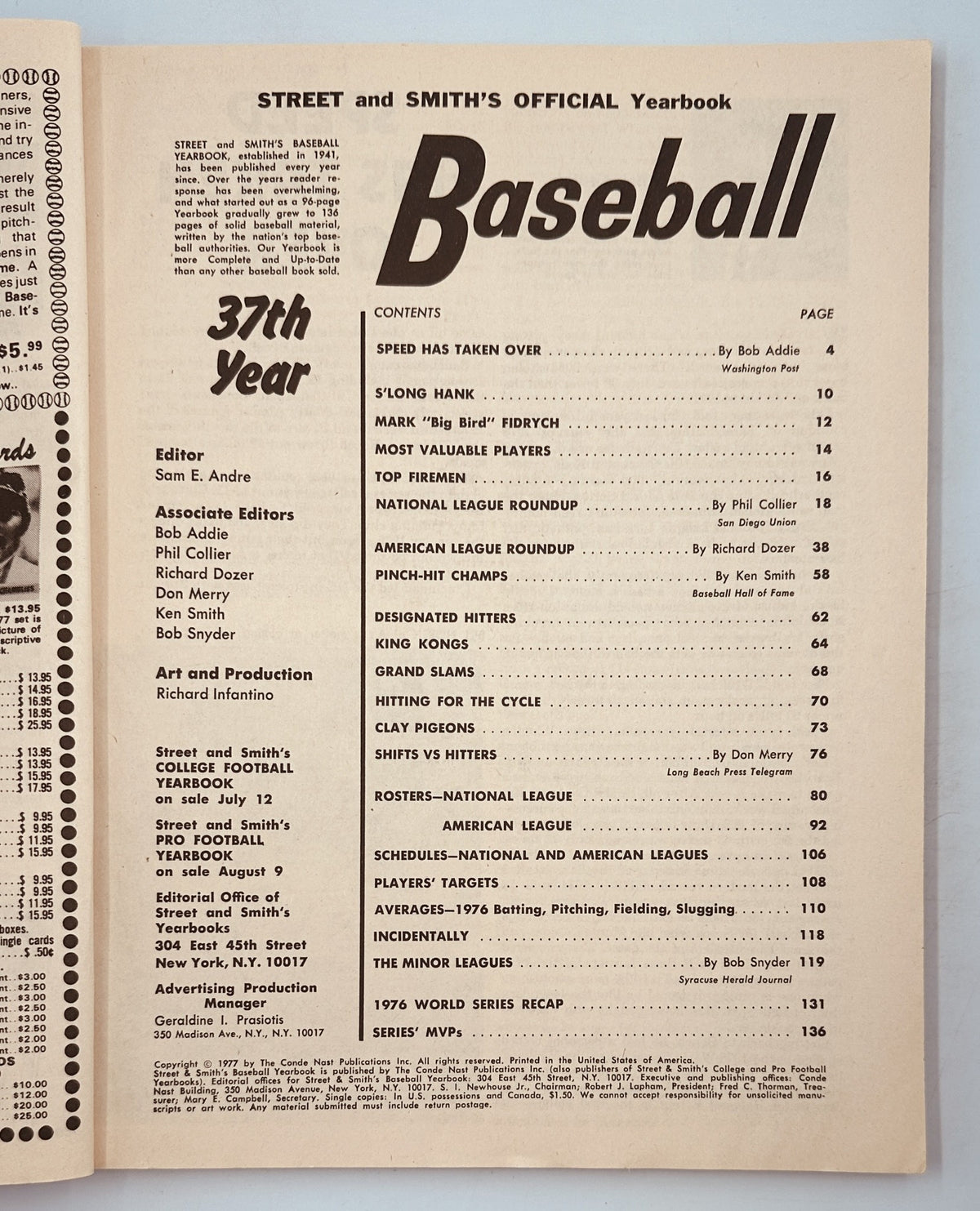 Cover page of Street and Smith’s Baseball Magazine 1977 Yearbook featuring Mark Fidrych of the Detroit Tigers, including table of contents with highlights like Speed Has Taken Over and Most Valuable Players.