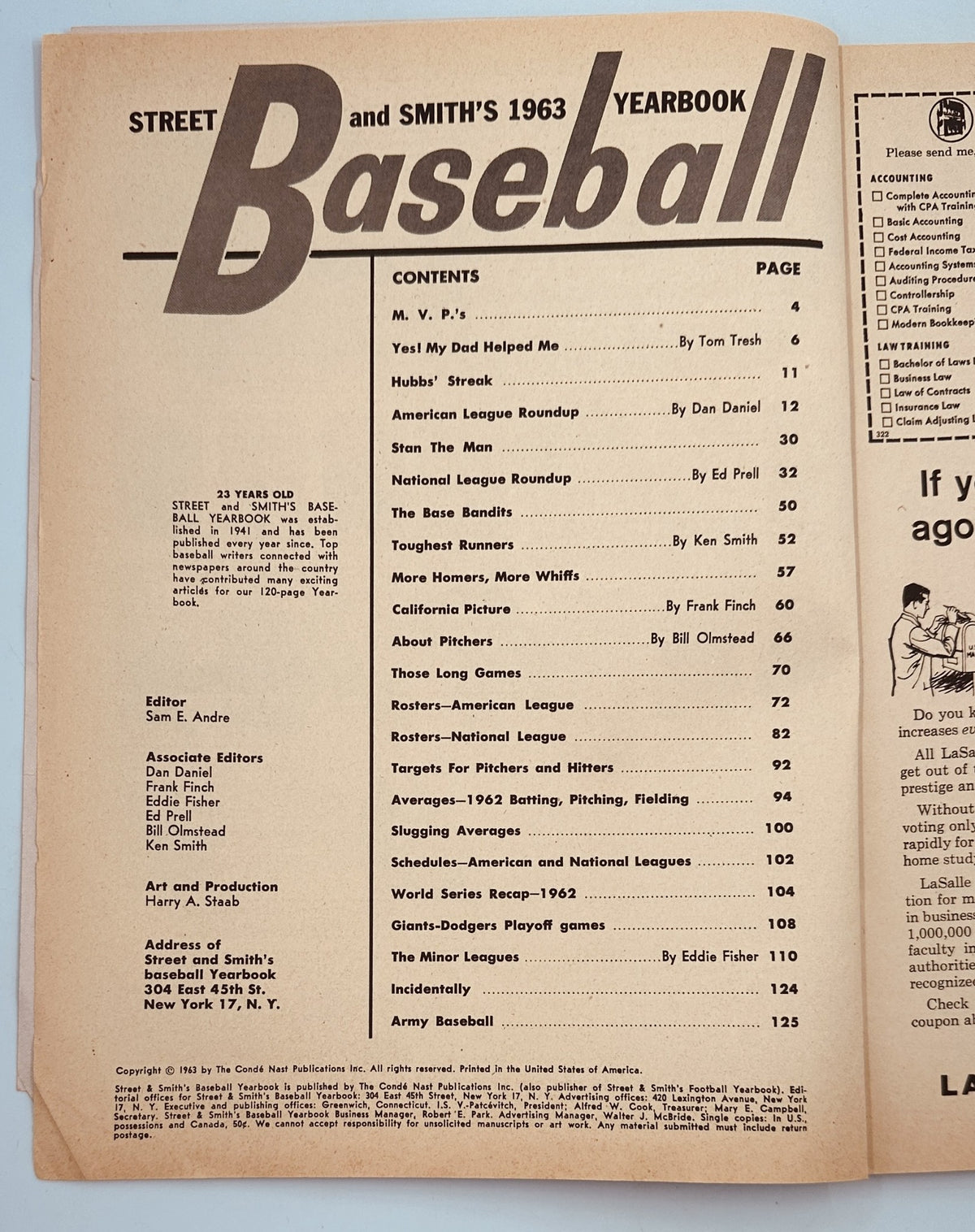 Table of Contents page from Street and Smith’s Baseball Magazine 1963 Yearbook, detailing featured articles including 'My Dad Helped Me' and 'Hubbs’ Streak'.
