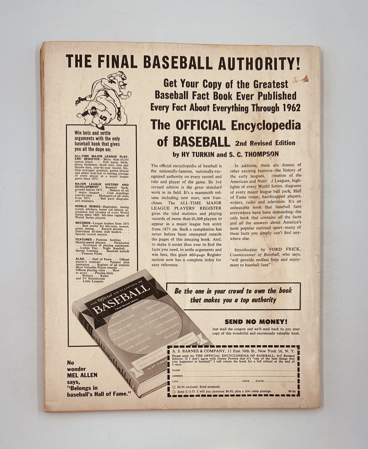 Back cover of Street and Smith’s Baseball Magazine 1963 Yearbook promoting the official Encyclopedia of Baseball and highlighting notable baseball facts from 1962.